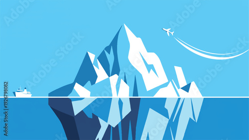 Illustration of iceberg with ship and airplane in the background ocean scene