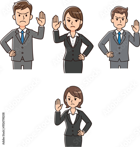 Angry Business People Raising Hand in Stop Gesture Showing Refusal, Warning, and Protest Emotion Corporate Vector Illustration Set