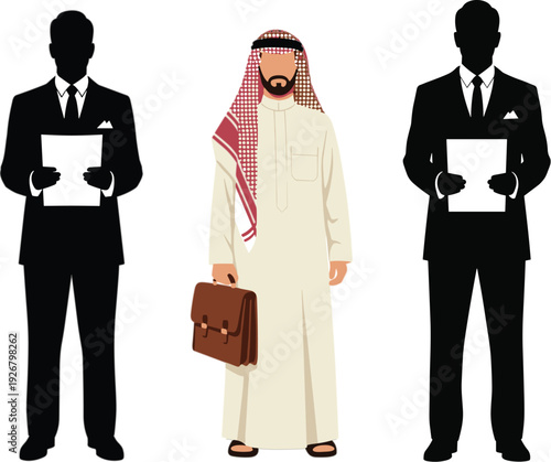 Arab Businessman in Traditional Thobe with Briefcase Standing Between Corporate Silhouettes Holding Documents Professional Vector Illustration Set