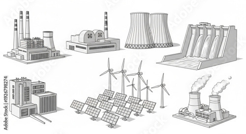 Various energy production facilities, including wind turbines and solar panels, are illustrated.