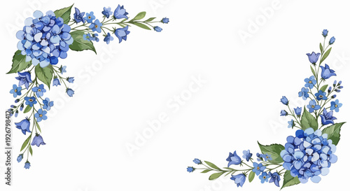 Watercolor style blue hydrangea and bellflower floral corner borders with green leaves isolated on white background