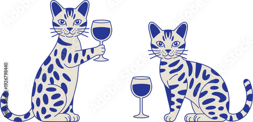Blue and white spotted Bengal cat characters holding wine glasses in a toast set of elegant feline vector illustrations for luxury pet branding