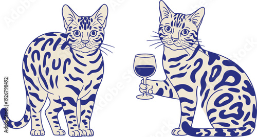 Blue and white spotted Bengal cat characters holding wine glasses in a toast set of elegant feline vector illustrations for luxury pet branding