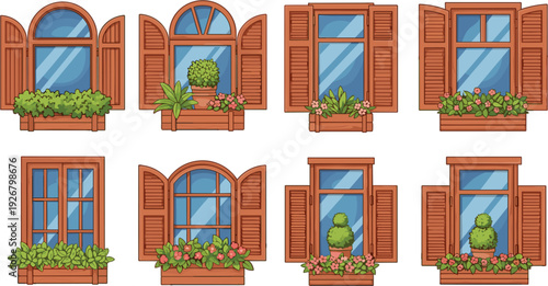 Charming Vector Collection Of Wooden Windows With Open Shutters Decorative Flower Boxes Green Plants And Colorful Blooming Flowers