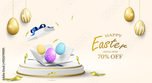 3D vector illustration of white gift box with floating colorful Easter eggs on podium with hanging gold eggs. Concept for Happy Easter special offer sale 70% off banner background template.
