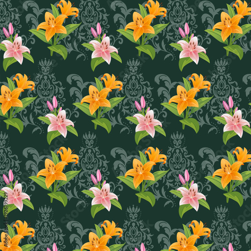 Openwork colored background for flower bouquets.Vector seamless pattern with bouquets of lilies and elegant ornament on a colored background.