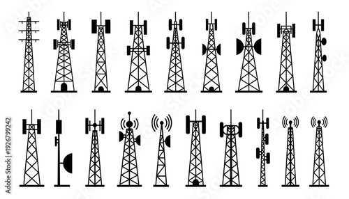 Telecommunication towers set with radio antennas and signal masts
