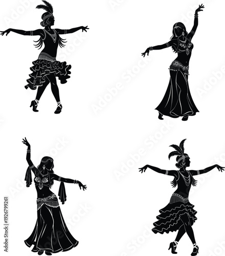 Elegant Female Dancer Silhouette Vector Set Featuring Belly Dance and Cabaret Costumes for Performance Stage and Entertainment Design Projects