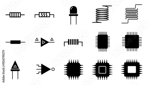 Electronic components icons set with microchips and circuit symbols
