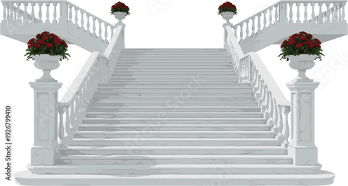Elegant White Marble Outdoor Staircase Vector With Decorative Stone Balustrades And Classical Flower Vases Isolated On White Background