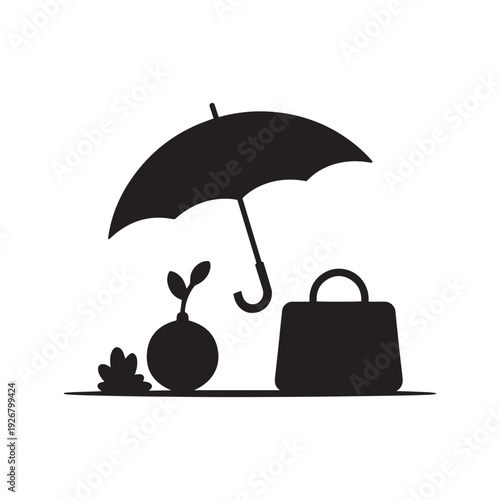 Various autumn elements including an open umbrella, a small plant in a pot, a fallen leaf, and a handbag, arranged decoratively