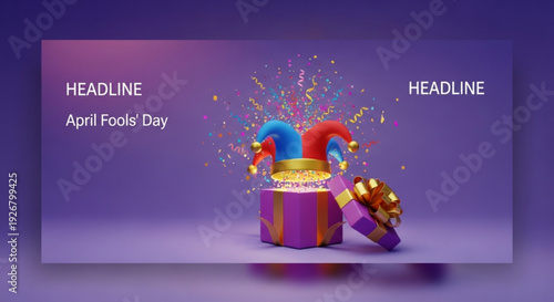 Vibrant april fools' day template with colorful jester hats emerging from a purple gift box on purple background with confetti