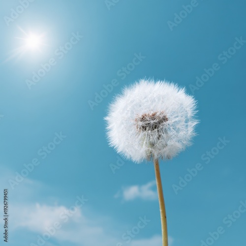 Dandelion in bright sunlight against a clear blue sky
