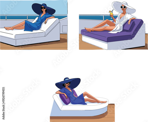 Elegant Women Lounging on Deck Chairs with Sun Hats for Luxury Travel Vacation Resort and Summer Lifestyle Design