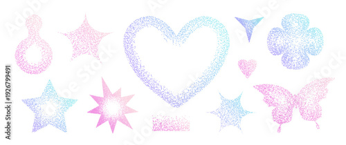 Gradient stipple noise vector set with holographic heart, star, butterfly and cloud shapes on white. Trendy Y2K dotwork symbols with pink and blue ombre effect for social media and creative design.