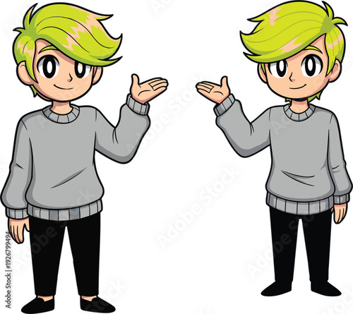 Flat vector illustration of a cute cartoon boy with blonde hair wearing a grey sweater and black pants