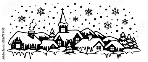 Hand drawn line art illustration of a snowy village scene depicting homes and a church under falling snowflakes for the holiday season