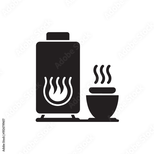 Water heater icon with flame and steam symbolizing hot water supply and heating system for domestic use and energy efficiency concept isolated on transparent background
