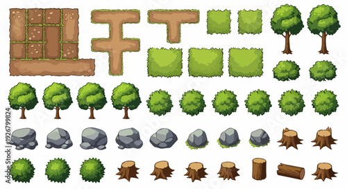 Pixel art nature game asset collection. Includes trees, bushes, rocks, tree stumps, logs, and grass path tiles. Created in isometric pixel art style with green and brown palette.