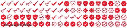Massive collection of red checkmark icons tick mark symbols approval signs premium quality badges secure guarantee shields and confirmation stamps isolated on white background