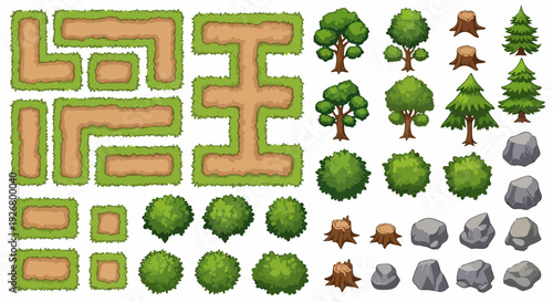 Top-down game environment vector asset collection. Includes trees, bushes, rocks, tree stumps, and dirt paths. Created in cartoon style with green and brown palette.
