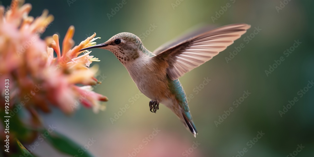 Obraz premium Bird hovers near flower in a garden during daytime sunlight