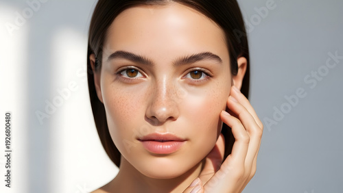 High-end beauty headshot of a beautiful brunette woman with flawless glowing skin and warm brown eyes, posing with hand near face in soft daylight, ideal for luxury dermatology, organic skincare