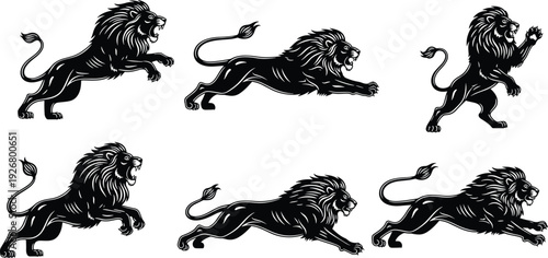 Roaring lion silhouette illustrations collection isolated on white background wild animal strength power emblem tattoo mascot vector design set