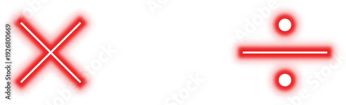 Neon red multiplication and division signs on transparent background, glowing mathematical symbols for design projects