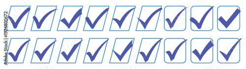 Collection of blue checkmark icons in square boxes tick mark symbols positive approval signs and web interface choice buttons isolated on white background transparent png vector