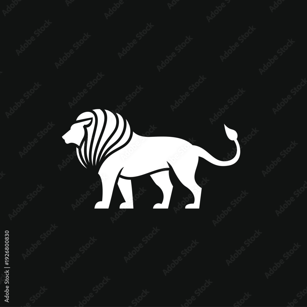 Obraz premium White Lion Logo Profile on Black Background - Stylized Animal Vector Icon