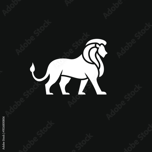 Minimalist White Lion Logo Silhouette Walking on Black Background - Stylized Vector Illustration