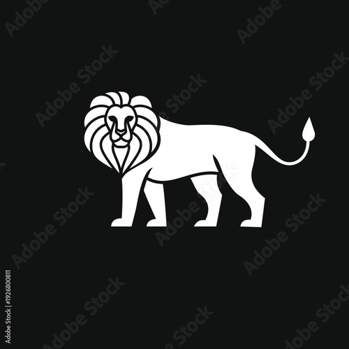 White Stylized Lion Silhouette Standing on Black Background, Modern Minimalist Animal Logo Design