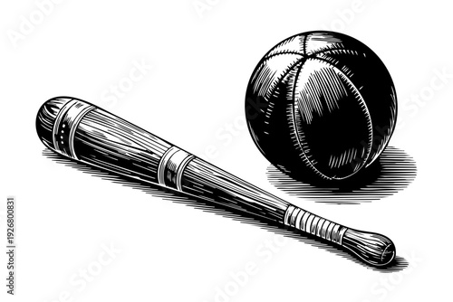 Vintage Victorian Wooden Indian Club and Medicine Ball Engraving black and white line art illustration	