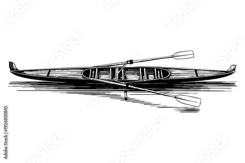 Vintage Wooden Rowing Scull and Oars Engraving Illustration