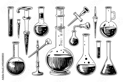 Vintage Chemistry Glassware Beakers and Flasks Engraving Illustration