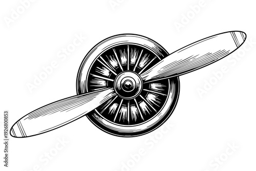 Vintage Aircraft Propeller Engine Engraving Vector Illustration