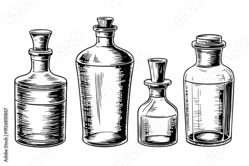 Vintage Glass Apothecary Medicine Bottles Engraving Illustration Art