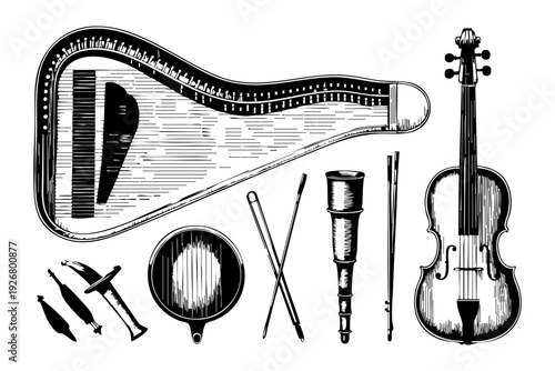 Vintage Musical Instruments Harp and Violin Engraving Illustration