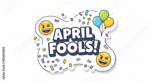 Colorful april fools' day emblem with laughing emoticons and confetti on white background