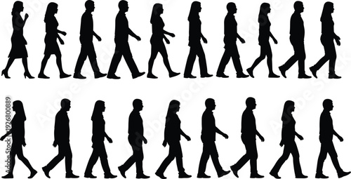 Walking men and women silhouette collection vector illustration showing human movement sequence side view isolated on white background for design projects