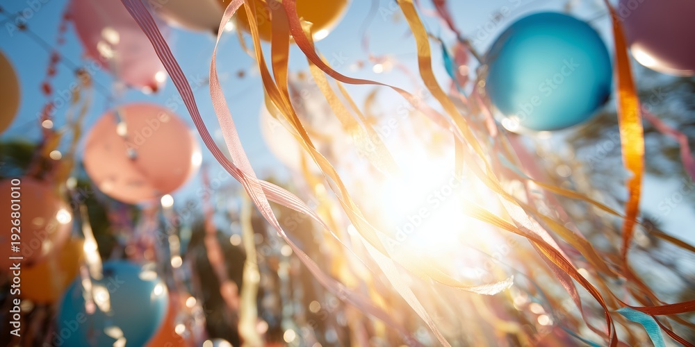 Naklejka premium Colorful balloons and ribbons celebrate a festival during sunny daytime in an outdoor setting