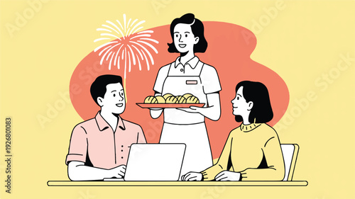 People sitting at a table with a waiter bringing food and a laptop on the table