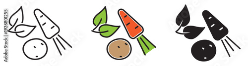 Vegetables icon set in line and solid styles with editable stroke. Includes carrots, spinach, and potatoes. Suitable for food packaging, grocery apps, menus and healthy food branding.