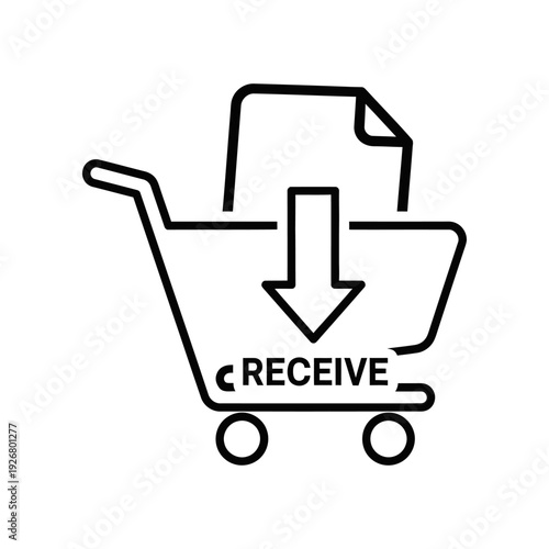 Simple black line illustration of a shopping cart receiving a document, symbolizing online order download and receipt.