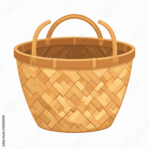 Close‑up view of a handcrafted woven basket with elegant curved handle, showcasing diamond interlock pattern, photographed on white backdrop as a product illustration for design catalogues