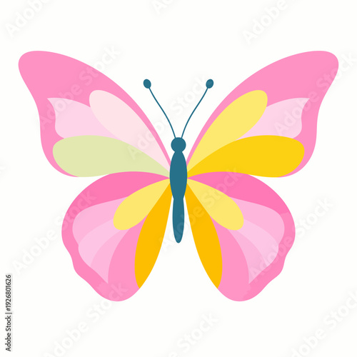 Close-up vibrant cartoon illustration of a colorful butterfly with teal body, blue antenna, pink and yellow wings, presented from a frontal viewpoint on a clean white backdrop