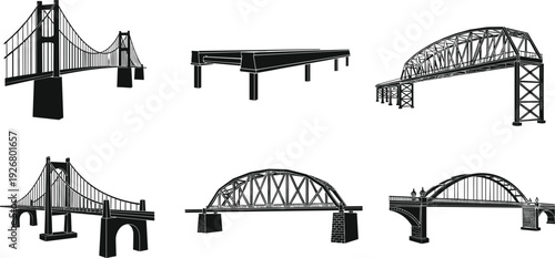 Architectural bridge silhouettes set isolated on white background urban transport infrastructure steel suspension arch landmark vector illustration collection engineering construction design elements