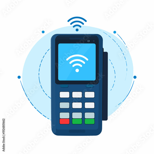 Close-up digital illustration of a sleek payment terminal device on a plain white background, featuring a dark blue body, light blue screen with Wi‑Fi icon, colorful keypad and surrounding blue circle