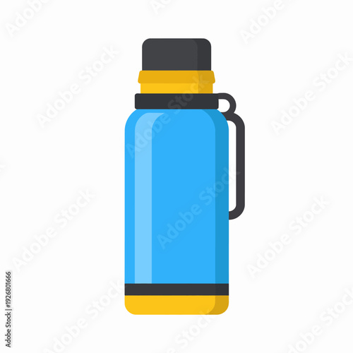 Showcasing a sleek reusable water bottle illustration on a clean white studio backdrop, captured from a frontal viewpoint, emphasizing bright blue body, yellow lid, and black handle design